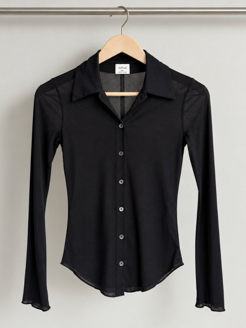 NWT Aritzia Wilfred Pose Hip Fitted Semi-Sheer Black Button-Up Shirt 2XS